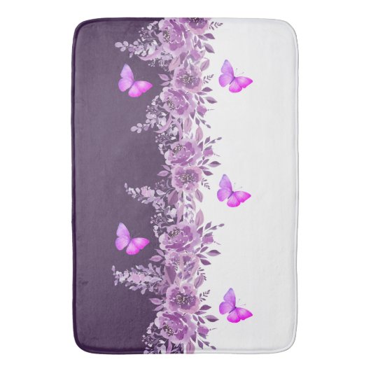 Vibrant Purple Butterfly and Botanical Design Badematte (Vorderseite Vertikal)