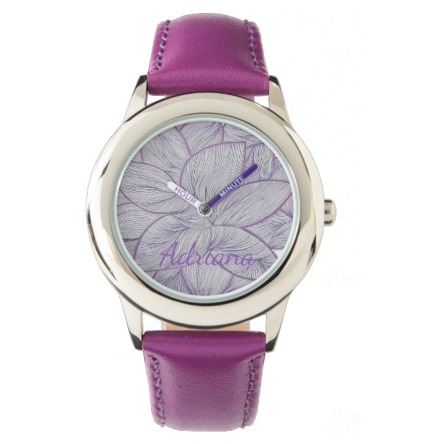 Vibrant Purple Flower Pattern Custom Name Watch Armbanduhr (Vorderseite)