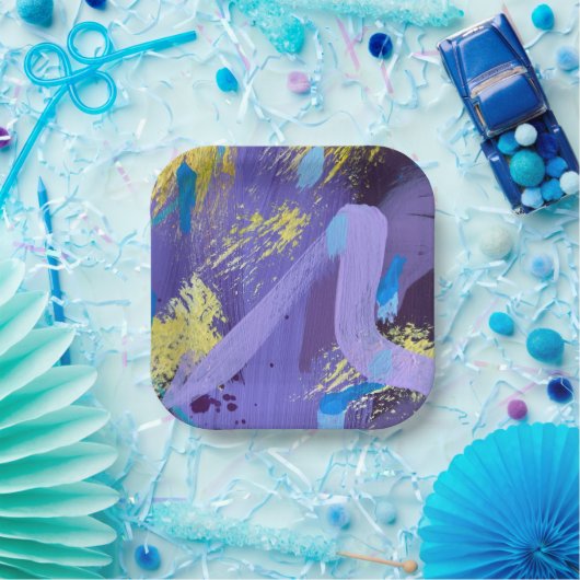 Vibrant Purple, Yellow, and Blue Abstract Art Pappteller (Party)