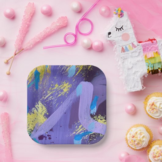 Vibrant Purple, Yellow, and Blue Abstract Art Pappteller (Party)