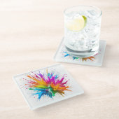 Vibrant Rainbow Paint Splatter Explosion Glasuntersetzer (Schrägansicht)