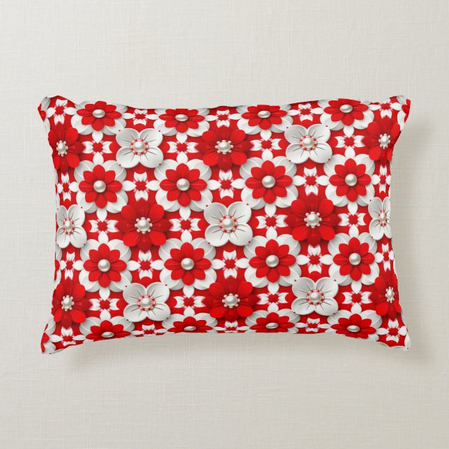 Vibrant Red And White Floral Pattern With Pearl Dekokissen (Vorderseite)