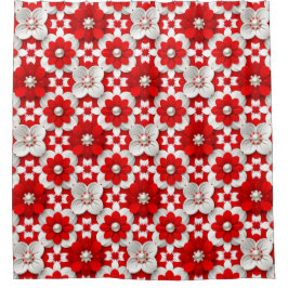 Vibrant Red And White Floral Pattern With Pearl Duschvorhang