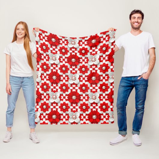 Vibrant Red And White Floral Pattern With Pearl Fleecedecke (Beispiel)