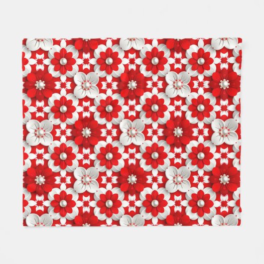 Vibrant Red And White Floral Pattern With Pearl Fleecedecke (Vorderseite (Horizontal))