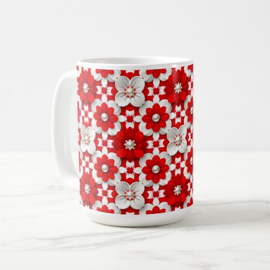 Vibrant Red And White Floral Pattern With Pearl Kaffeetasse (Vorderseite Links)