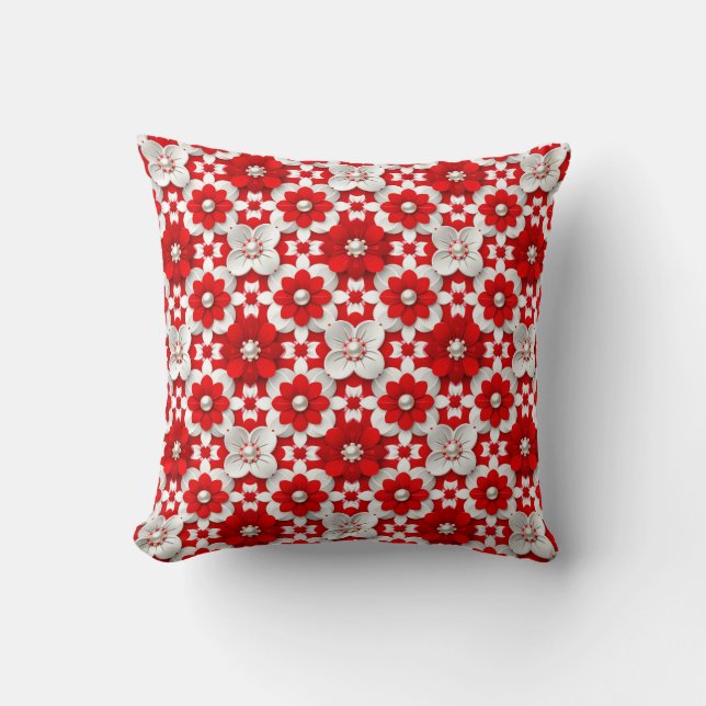 Vibrant Red And White Floral Pattern With Pearl Kissen (Vorderseite)