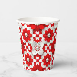 Vibrant Red And White Floral Pattern With Pearl Pappbecher