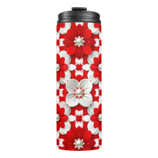 Vibrant Red And White Floral Pattern With Pearl Thermosbecher (Vorderseite)