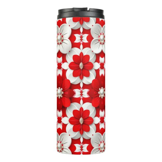 Vibrant Red And White Floral Pattern With Pearl Thermosbecher (Rückseite)