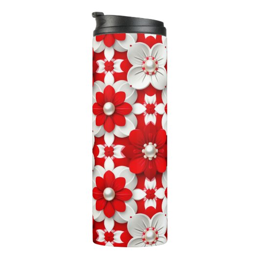 Vibrant Red And White Floral Pattern With Pearl Thermosbecher (Nach rechts gedreht)