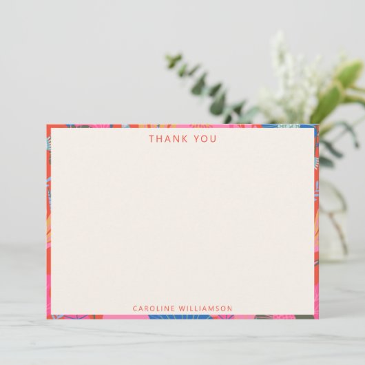 Vibrant Red Boho Floral Personalized Stationery  Dankeskarte (Stehend Vorderseite)