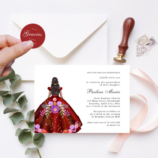 Vibrant Red Fiesta Floral Quinceañera Invitation Einladung