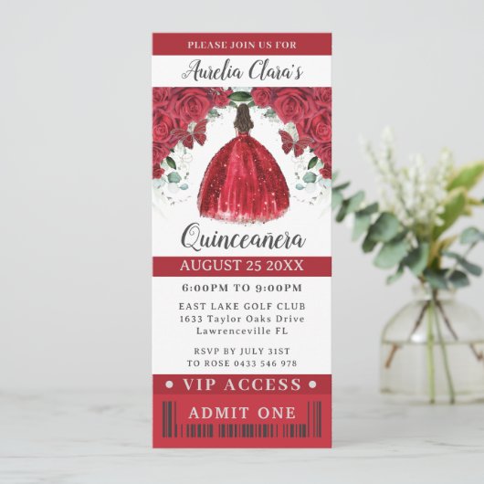 Vibrant Red Floral Quinceañera Sweet 16 VIP Ticket Einladung (Stehend Vorderseite)