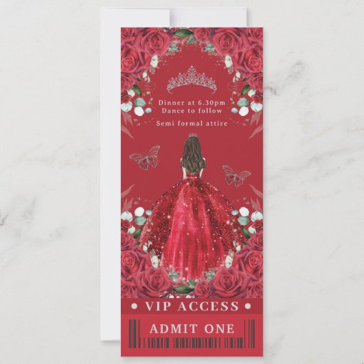 Vibrant Red Floral Quinceañera Sweet 16 VIP Ticket Einladung (Rückseite)