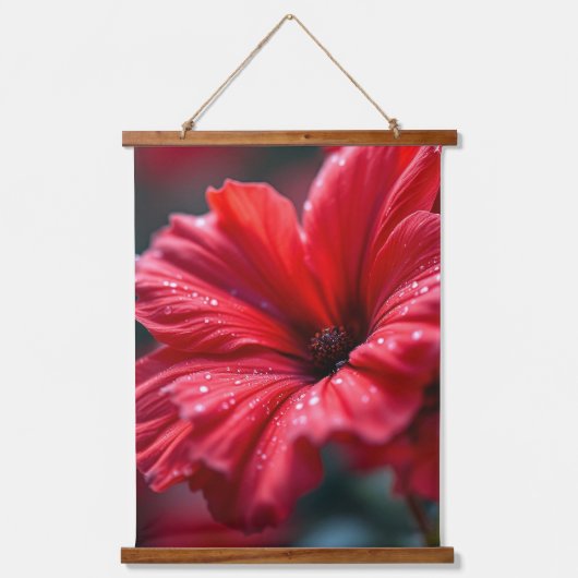 Vibrant Red Flower Macro Botanical Art Wandteppich Mit Holzrahmen (Vorderseite)