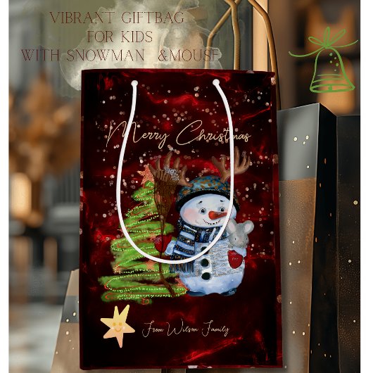 Vibrant Red Gold Snowman Mouse Christmas Gift Bag Mittlere Geschenktüte