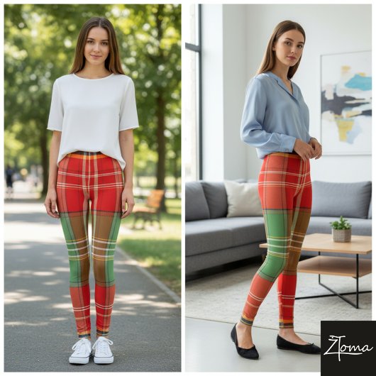 Vibrant Red Green Large-Scale Plaid Leggings