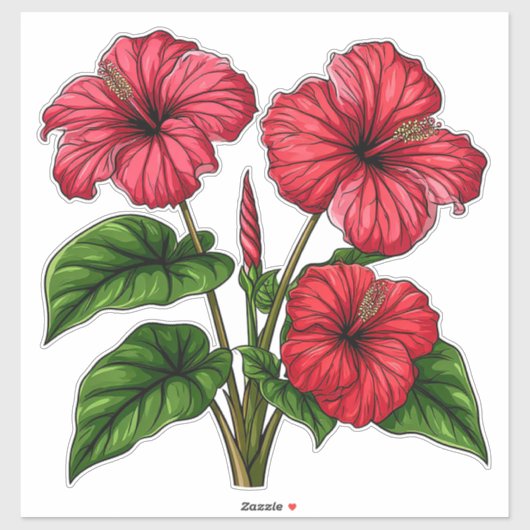 Vibrant Red Hibiscus Flowers With Lush Green Leave Aufkleber (Blatt)
