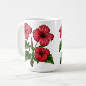 Vibrant Red Hibiscus Flowers With Lush Green Leave Kaffeetasse (Vorderseite Links)