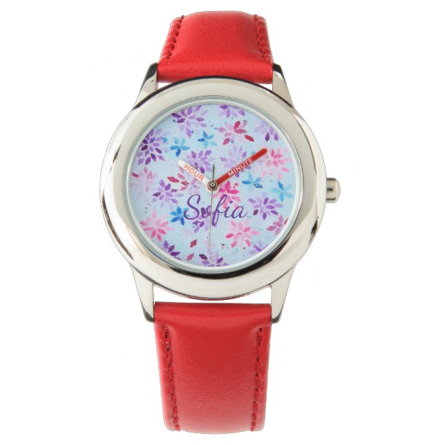 Vibrant Red Leather Personalized Kids' Watch Armbanduhr (Vorderseite)