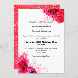 VIBRANT RED PINK GLITZER FLORAL BOUQUET WEDD EINLADUNG