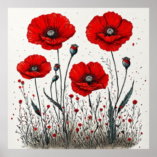 Vibrant Red Poppies Illustration Poster (Vorne)