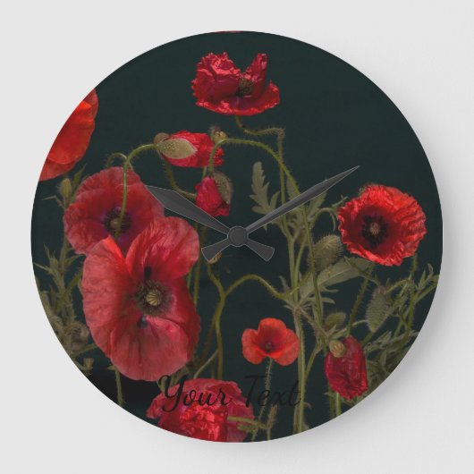 Vibrant Red Poppies on Black Große Wanduhr (Vorderseite)