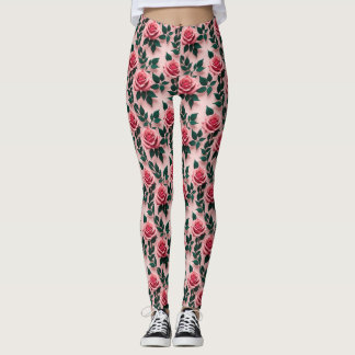 Vibrant Red Roses With Dark Green Leaves Leggings