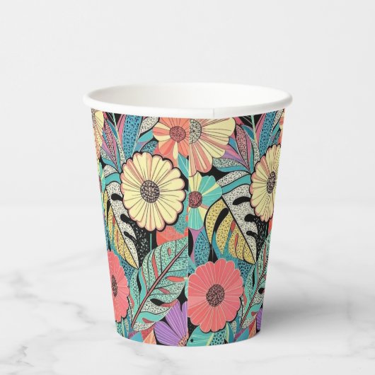 Vibrant Retro Floral Burst Pappbecher (Rechts)