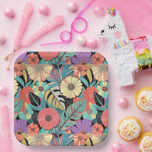 Vibrant Retro Floral Burst Pappteller (Party)