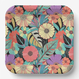 Vibrant Retro Floral Burst Pappteller