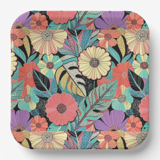 Vibrant Retro Floral Burst Pappteller (Vorderseite)