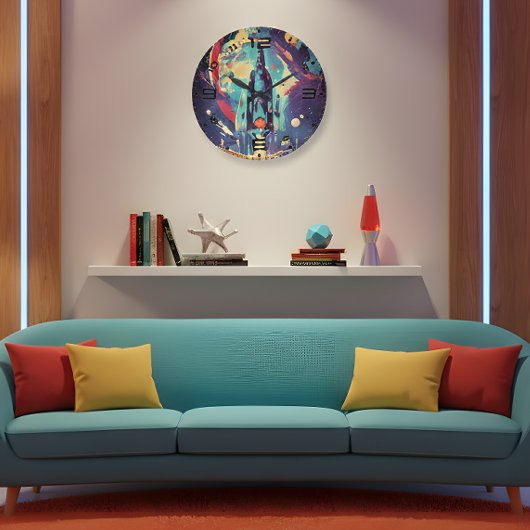 Vibrant Retro Starship Wall Clock Große Wanduhr