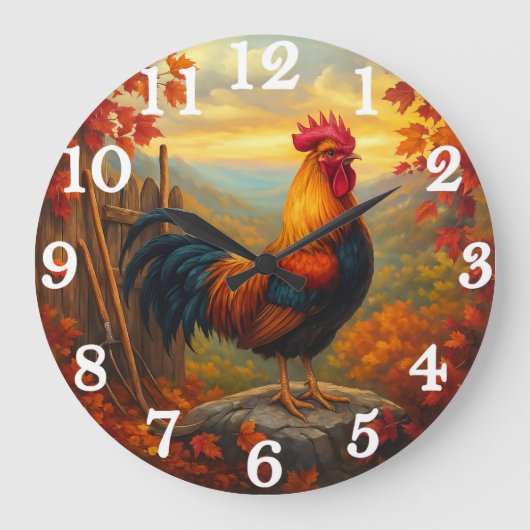 Vibrant rooster in autumn farm scene große wanduhr (Vorderseite)