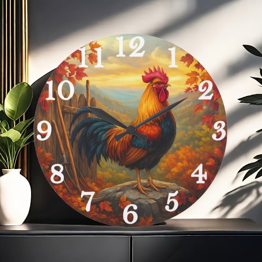 Vibrant rooster in autumn farm scene große wanduhr