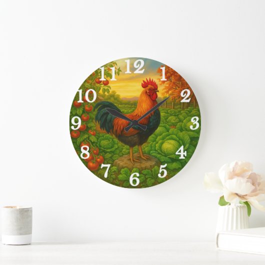 Vibrant rooster in vegetable garden große wanduhr (Zuhause)