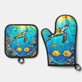 Vibrant Sea Turtle Reef Art Ofenhandschuh & Topflappen-Set (Vorderseite)