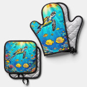 Vibrant Sea Turtle Reef Art Ofenhandschuh & Topflappen-Set (Vorderseite/Rückseite)