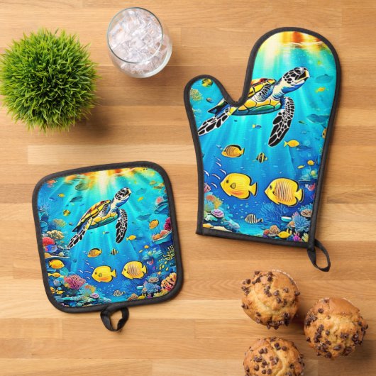 Vibrant Sea Turtle Reef Art Ofenhandschuh & Topflappen-Set (Oben Unten)