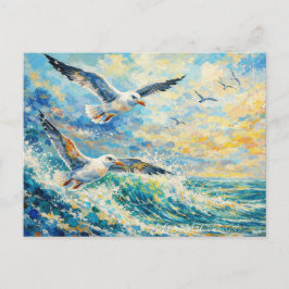 Vibrant Seagulls Over Ocean Waves Impressionist Feiertagspostkarte