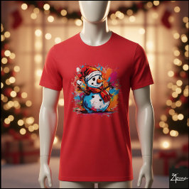 Vibrant Snowman Santa Scarf Paint Splatter T-Shirt