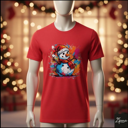 Vibrant Snowman Santa Scarf Paint Splatter T-Shirt