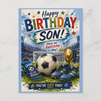 vibrant soccer-themed blue Son birthday card Postkarte