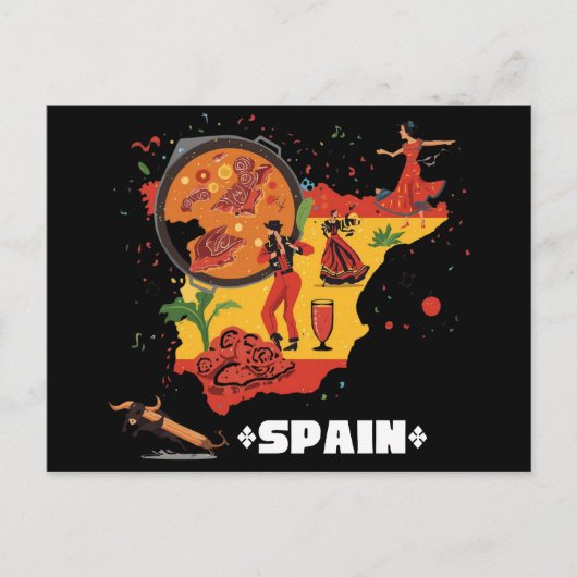 Vibrant Spain Map Flamenco, Paella & Bull Postkarte (Vorderseite)