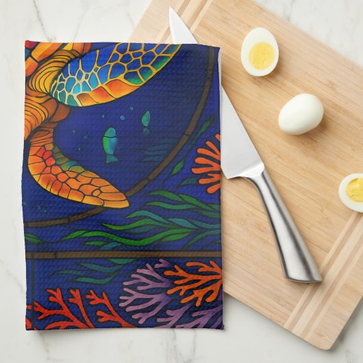 Vibrant Stained Glass Sea Turtle Ocean Design Geschirrtuch (Viertel Falte)