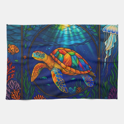 Vibrant Stained Glass Sea Turtle Ocean Design Geschirrtuch (Horizontal)