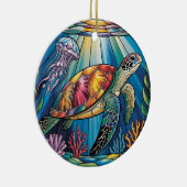 Vibrant Stained Glass Sea Turtle Ocean Design Keramik Ornament (Rechts)