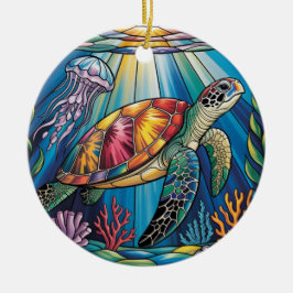 Vibrant Stained Glass Sea Turtle Ocean Design Keramik Ornament