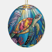 Vibrant Stained Glass Sea Turtle Ocean Design Keramik Ornament (Links)